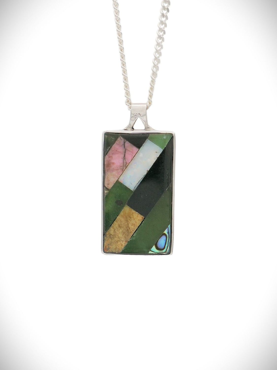Moko Pounamu Genuine NZ Reversible Multi Stone Mosaic Paua Shell  & Sterling Silver Pendant