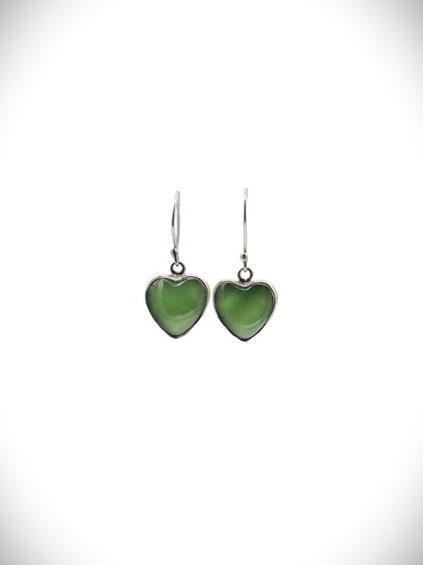 Moko Pounamu Heart Earrings NZ Genuine Greenstone Sterling Silver - Kopuatai
