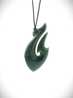 Moko Pounamu Hei Matau (Hook) NZ Genuine Kawakawa Greenstone - Kauaeranga