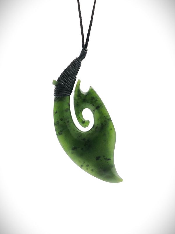 Moko Pounamu Hei Matau (Hook) NZ Genuine Kawakawa Greenstone - Opito