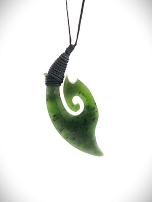 Moko Pounamu Hei Matau (Hook) NZ Genuine Kawakawa Greenstone - Matarangi