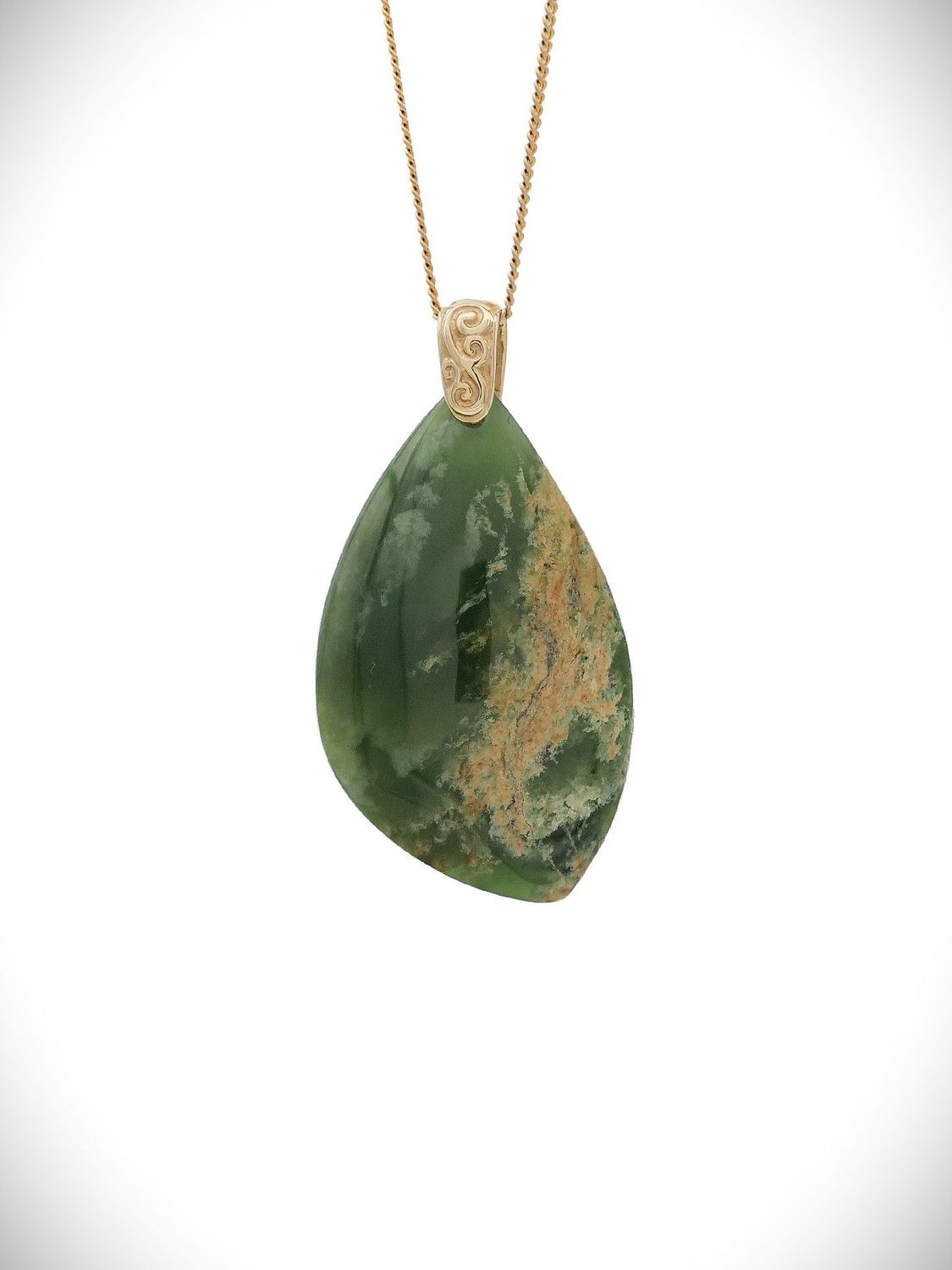 Moko Pounamu Roimata (Teardrop) NZ Genuine Marsden Flower Greenstone & 9ct Gold - Kopu