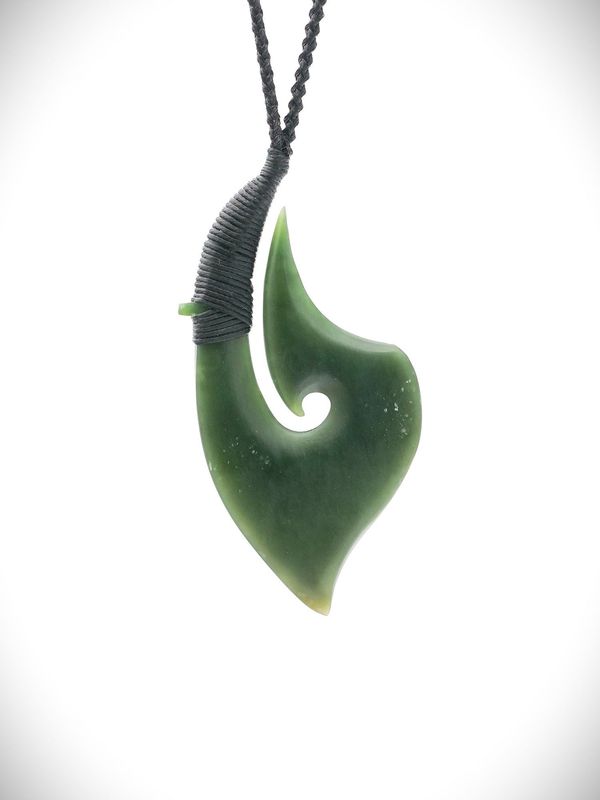 Moko Pounamu Hei Matau (Hook) NZ Genuine Kawakawa Greenstone -
