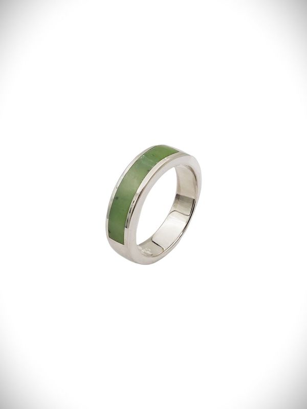Moko Pounamu NZ Genuine Kahurangi Greenstone and Sterling Silver Ring - Inlay 15J