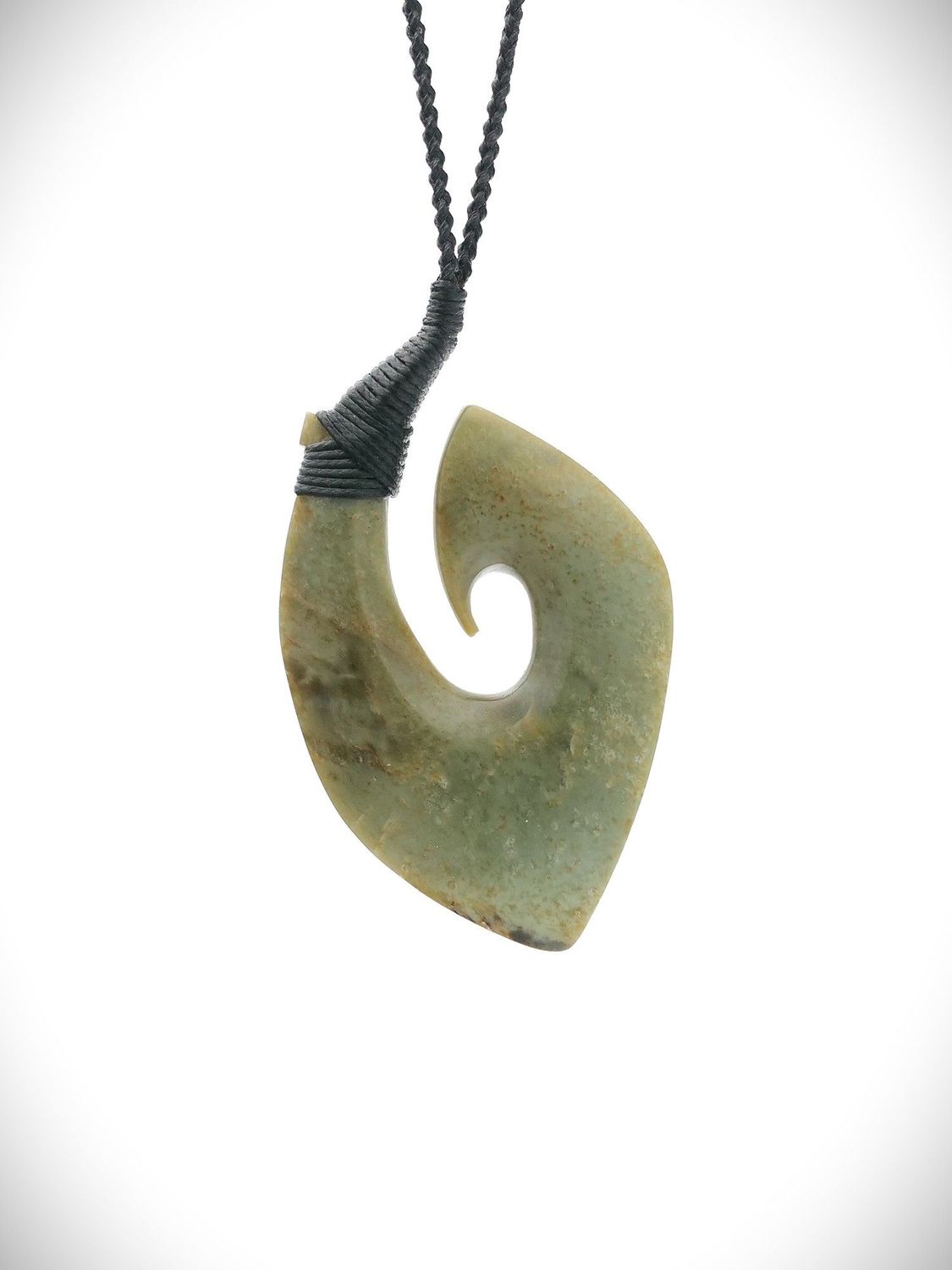 Moko Pounamu Hei Matau (Hook) Genuine NZ Kawakawa Flower Greenstone - Otara