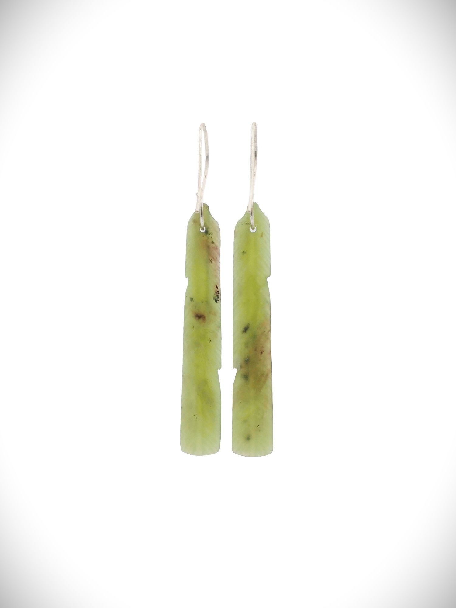 Moko Pounamu NZ Genuine Totoweka Greenstone & Stirling Silver Feather Earrings