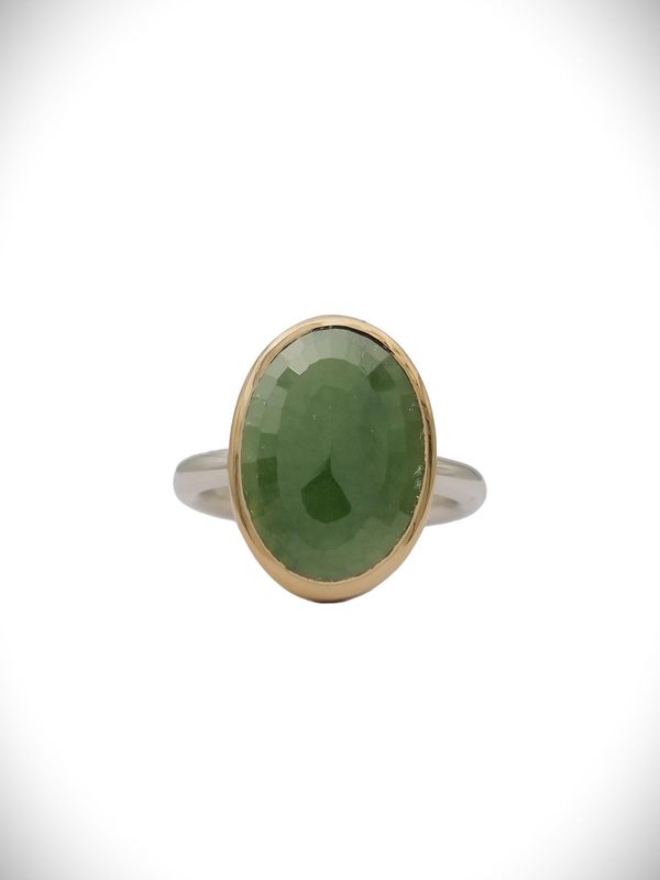 Moko Pounamu 9ct Gold and Sterling Silver Kawakawa Oval Ring -Mana