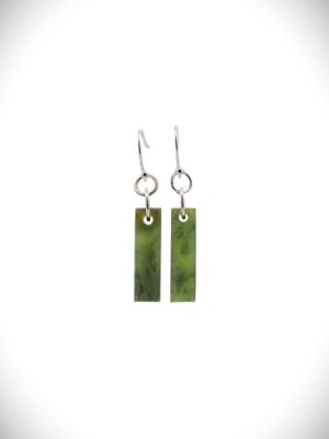 Moko Pounamu NZ Genuine Kawakawa Greenstone and Sterling Silver Rectangle Earrings - REC1