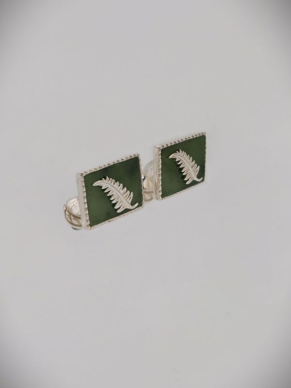 Moko Pounamu Vintage Greenstone and Silver Fern Cufflinks - CL5