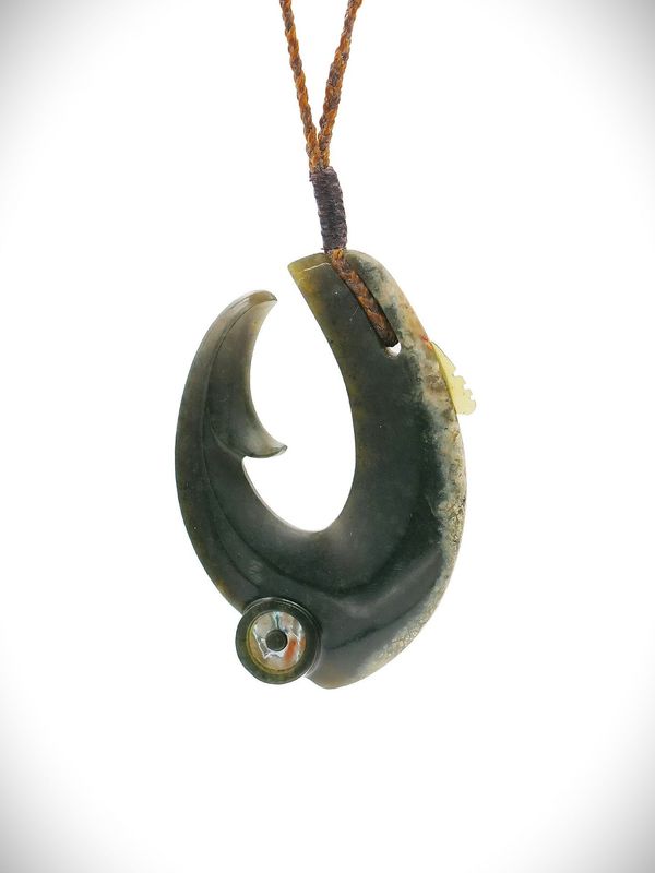 Moko Pounamu Hei Matau (Hook) NZ Genuine Tangiwai Greenstone - Monowai