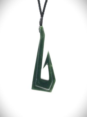 Moko Pounamu Hei Matau (Hook) NZ Genuine Kawakawa Greenstone - Pohutukawa