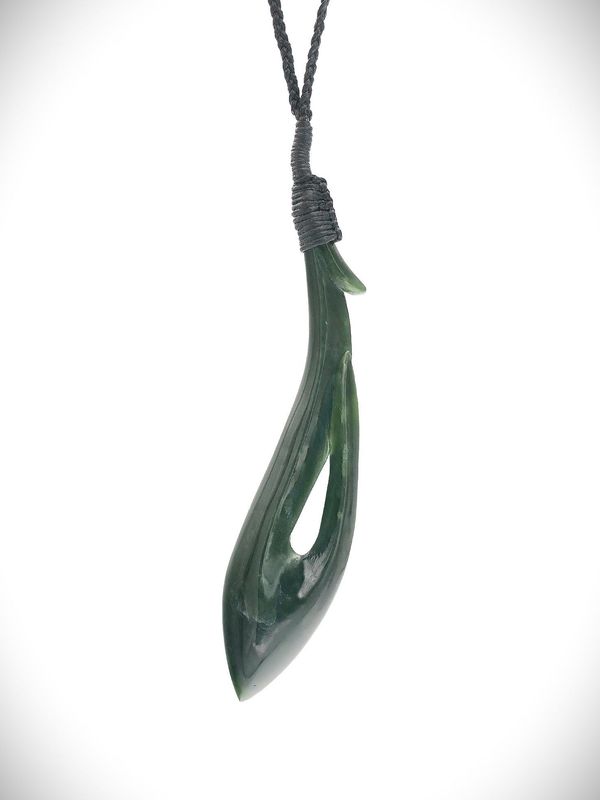 Moko Pounamu Hei Matau (Hook) NZ Genuine Kawakawa Greenstone - Tuparoa