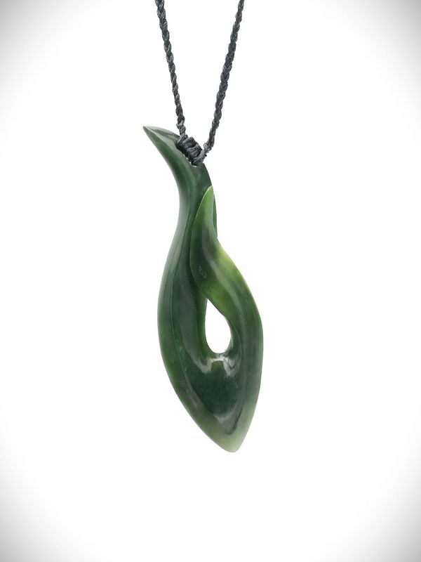 Moko Pounamu Hei Matau (Hook) NZ Genuine Kawakawa Greenstone - Awanohi