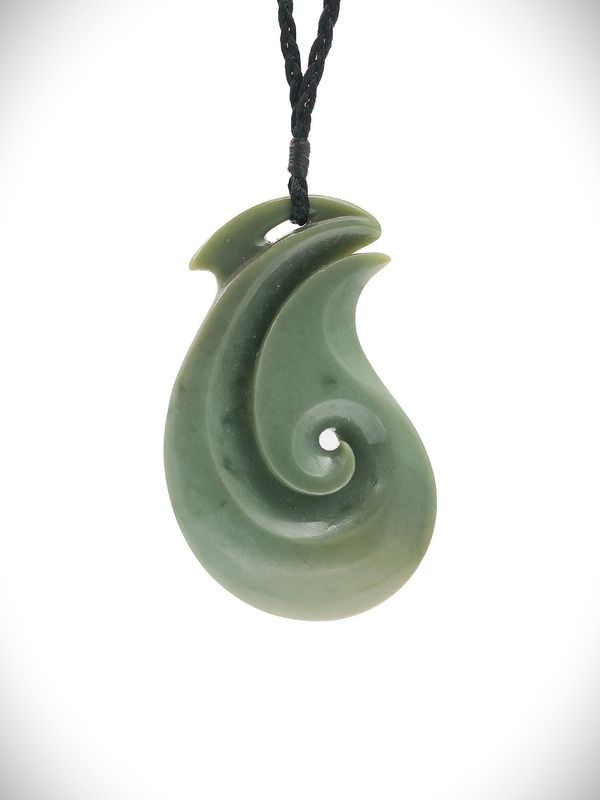 Moko Pounamu Hei Matau (Fishhook) NZ Genuine Inanga Greenstone - Okoromai