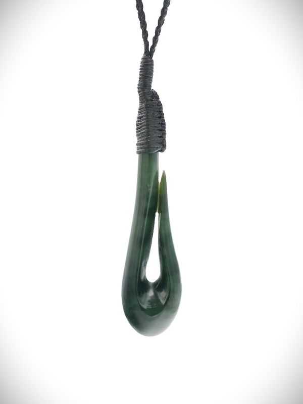 Moko Pounamu Hei Matau (Hook) NZ Genuine Kawakawa Greenstone - Nukumea
