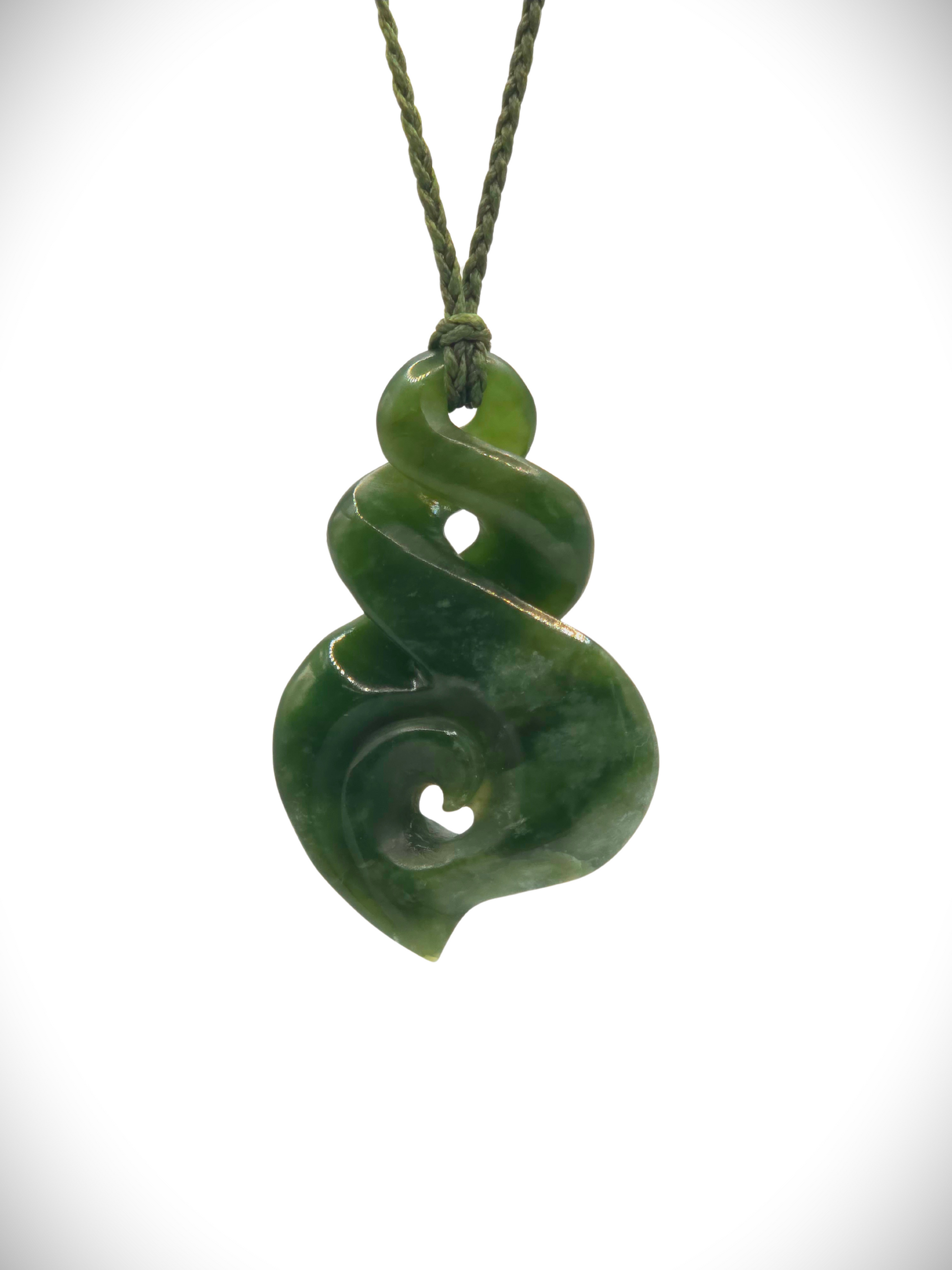 Moko Pounamu Double Pikorua (Twist) NZ Genuine Kawakawa Flower Greenstone - Korihi