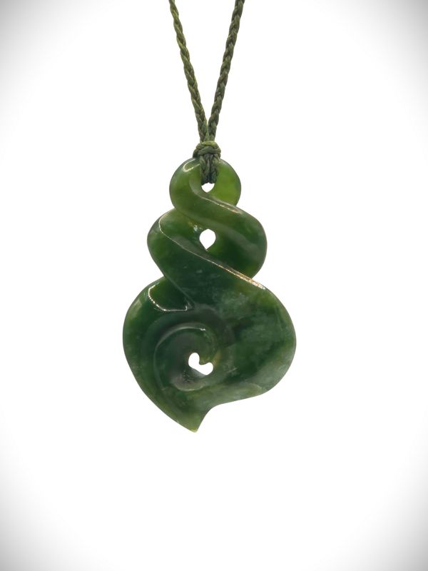 Moko Pounamu Double Pikorua (Twist) NZ Genuine Kawakawa Flower Greenstone - Korihi Moko Pounamu Double Pikorua (Twist) NZ Genuine Kawakawa Flower Greenstone - Korihi