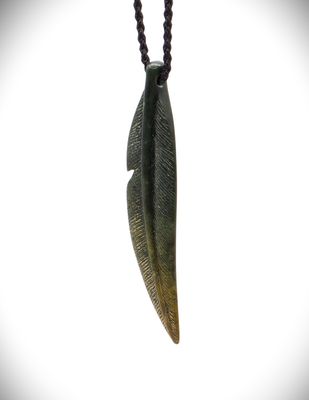 Moko Pounamu Feather Genuine NZ Kawakawa Greenstone - Kahikatea Moko Pounamu Feather Genuine NZ Kawakawa Greenstone - Kahikatea