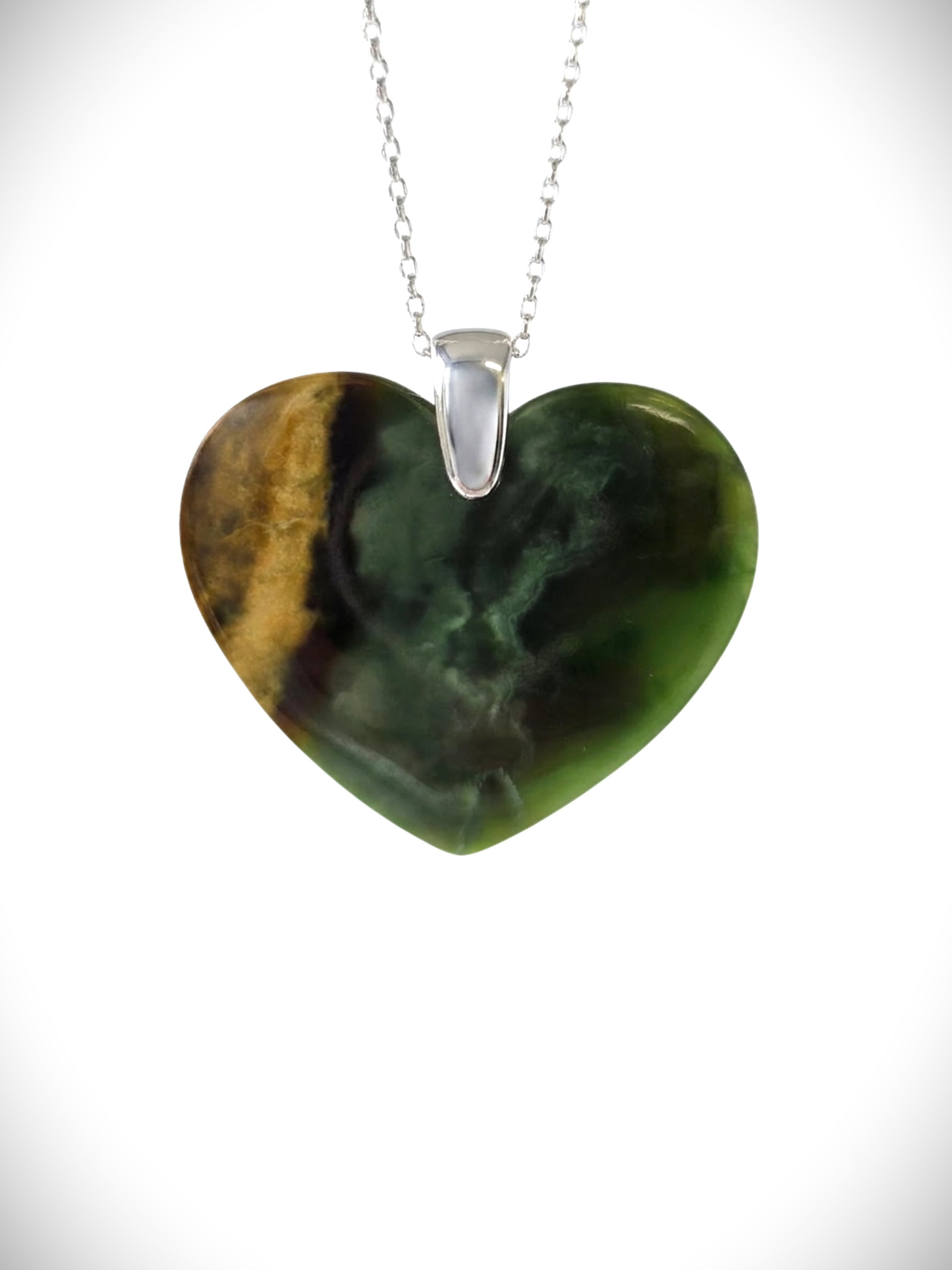 Moko Pounamu Heart NZ Genuine Kawakawa Greenstone Sterling Silver Pendant - Korihi