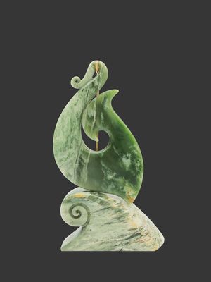 Moko Pounamu Matau (Fishhook) Sculpture NZ Genuine Inanga Flower Greenstone - Parohe Moko Pounamu Matau (Fishhook) Sculpture NZ Genuine Inanga Flower Greenstone - Parohe