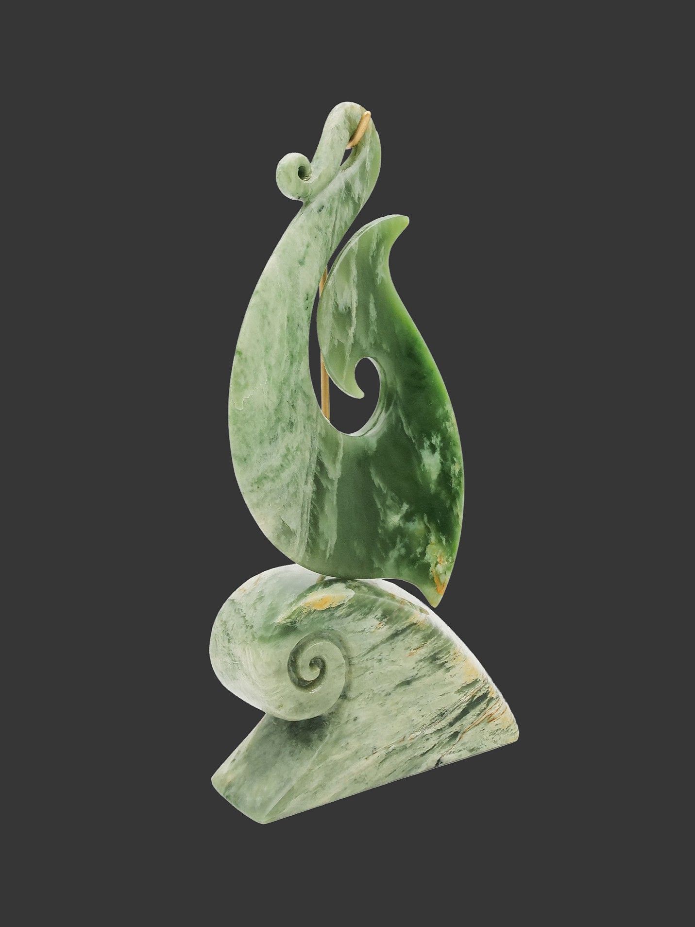 Moko Pounamu Matau (Fishhook) Sculpture NZ Genuine Inanga Flower Greenstone - Parohe