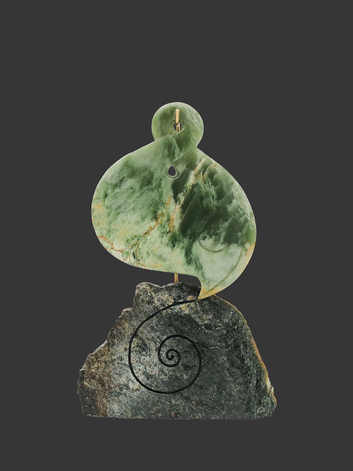 Moko Pounamu Pikorua (Twist) Sculpture NZ Genuine Inanga Flower & Kawakawa Greenstone - Mahurangi