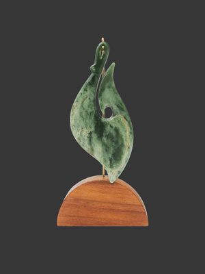 Moko Pounamu Matau (Fishhook) Sculpture NZ Genuine Marsden Flower Greenstone - Pukapuka
