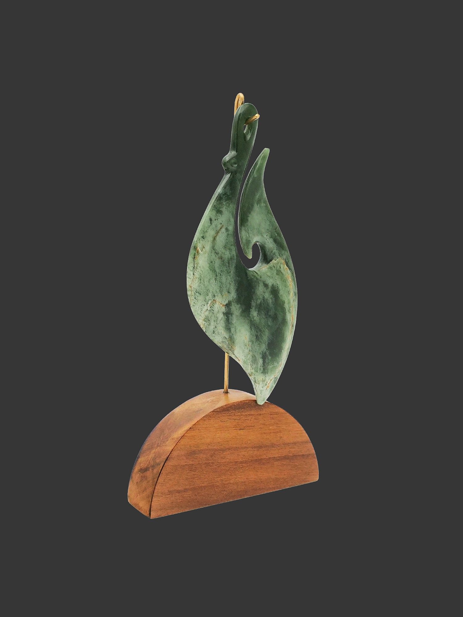 Moko Pounamu Matau (Fishhook) Sculpture NZ Genuine Marsden Flower Greenstone - Pukapuka