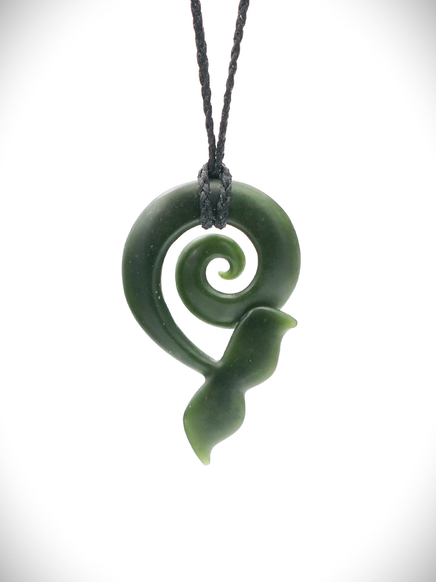 Moko Pounamu Contemporary Design NZ Genuine Kawakawa Whale Tail Koru Greenstone -Ohinemutu