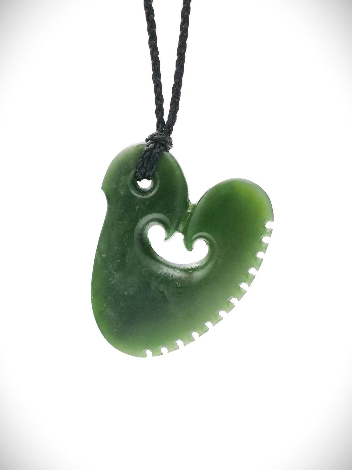 Moko Pounamu Hei Matau (Hook) NZ Genuine Kawakawa Greenstone - Kamo Moko Pounamu Hei Matau (Hook) NZ Genuine Kawakawa Greenstone - Kamo