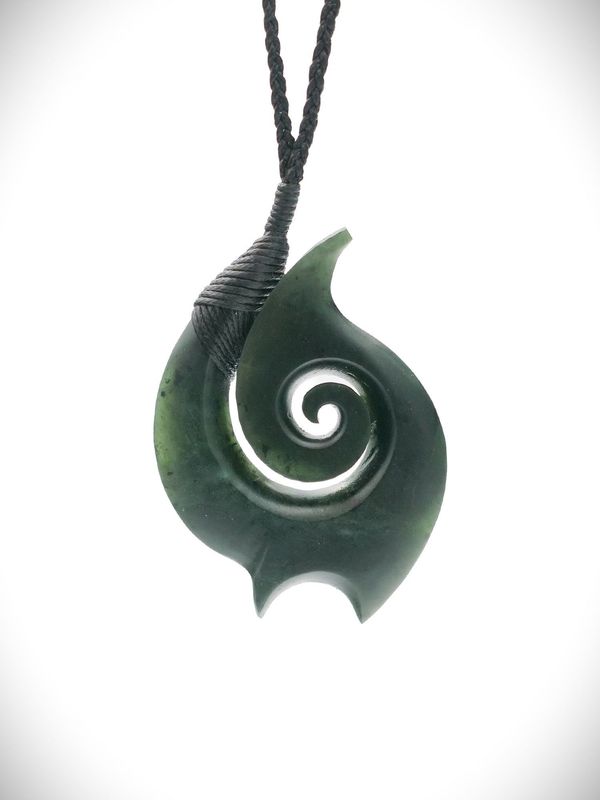 Moko Pounamu Contemporary Hei Matau (Hook) NZ Genuine Kawakawa Greenstone - Kaiaua