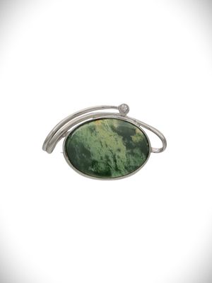 Moko Pounamu Oval Brooch Marsden Flower Greenstone and Sterling Silver - Takahiwai