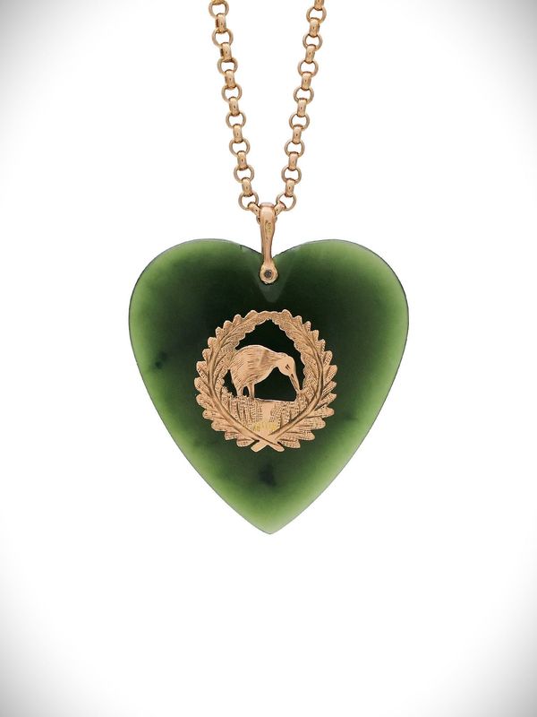 Moko Pounamu Antique Heart NZ Genuine Kawakawa Greenstone and 9ct  Pendant