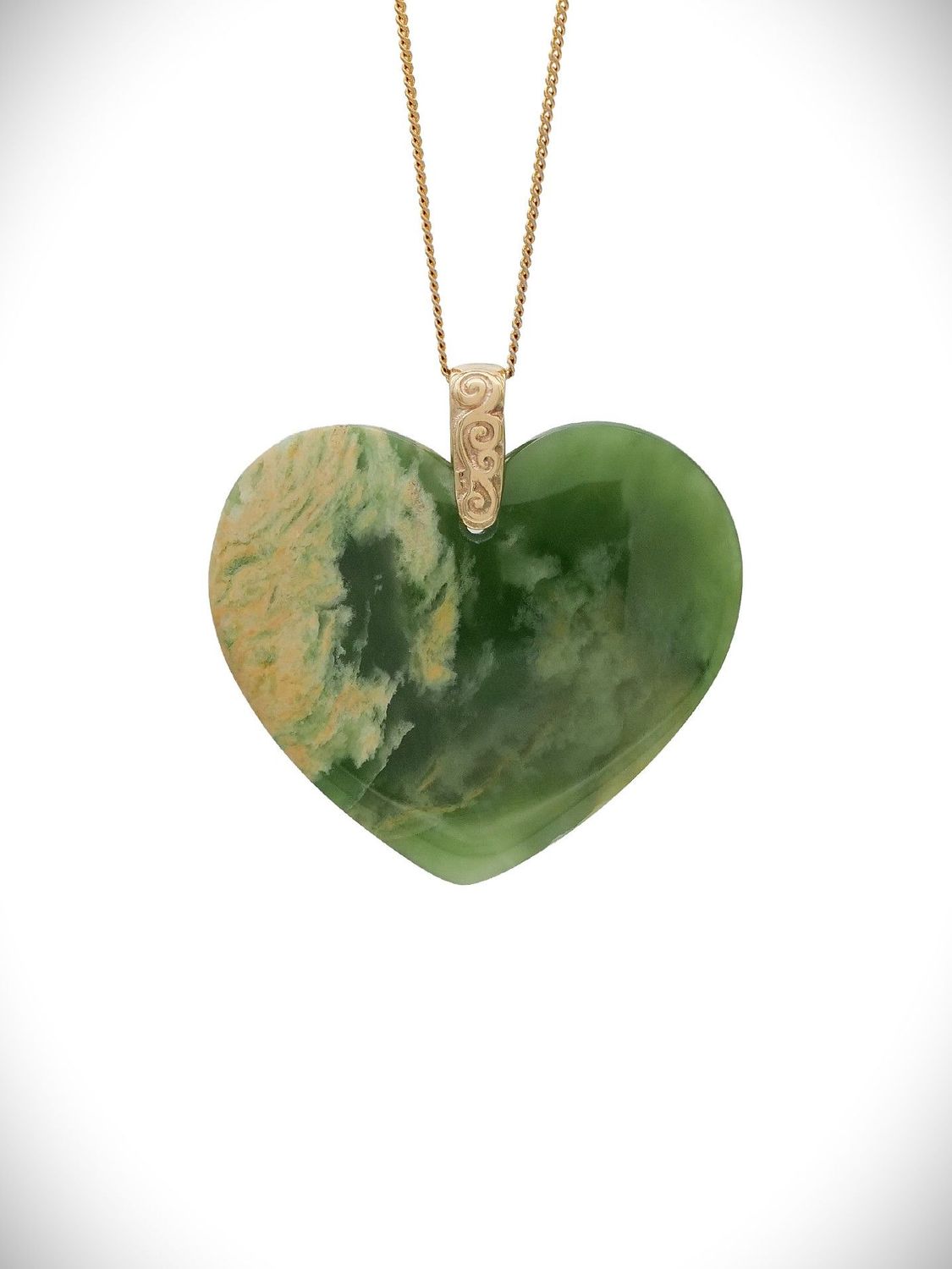 Moko Pounamu Heart NZ Genuine Kahurangi Flower Greenstone & 9ct Gold - Hakapoua