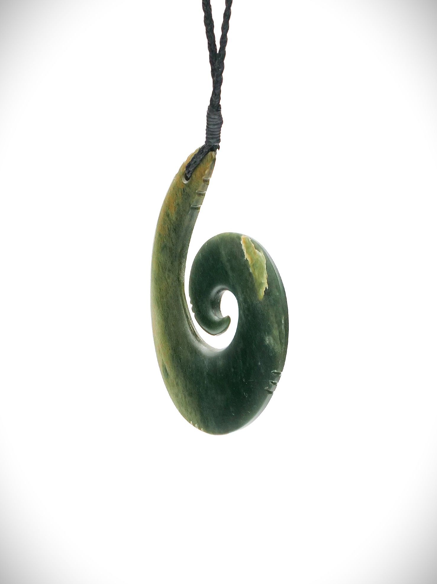 Moko Pounamu Hei Matau (Hook) NZ Genuine Kawakawa Flower Greenstone - Pukekura