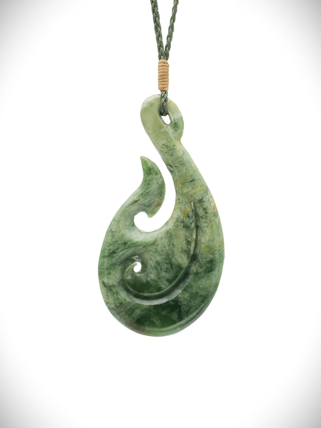 Moko Pounamu Hei Matau (Hook) NZ Genuine Kawakawa Flower Greenstone - Maungaturoto