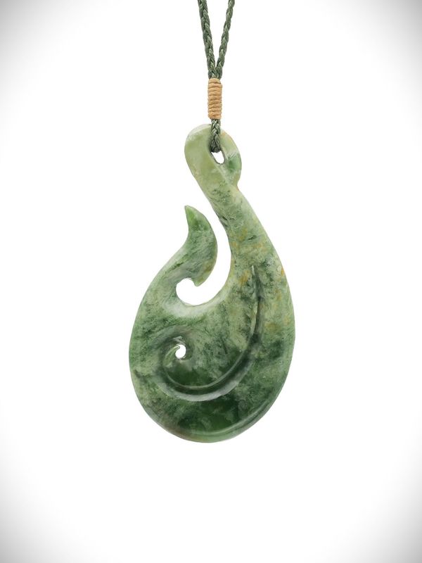 Moko Pounamu Hei Matau (Hook) NZ Genuine Kawakawa Flower Greenstone - Maungaturoto