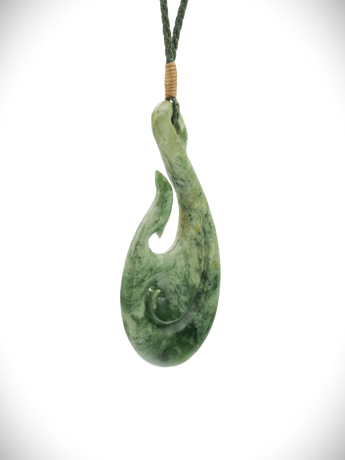 Moko Pounamu Hei Matau (Hook) NZ Genuine Kawakawa Flower Greenstone - Maungaturoto