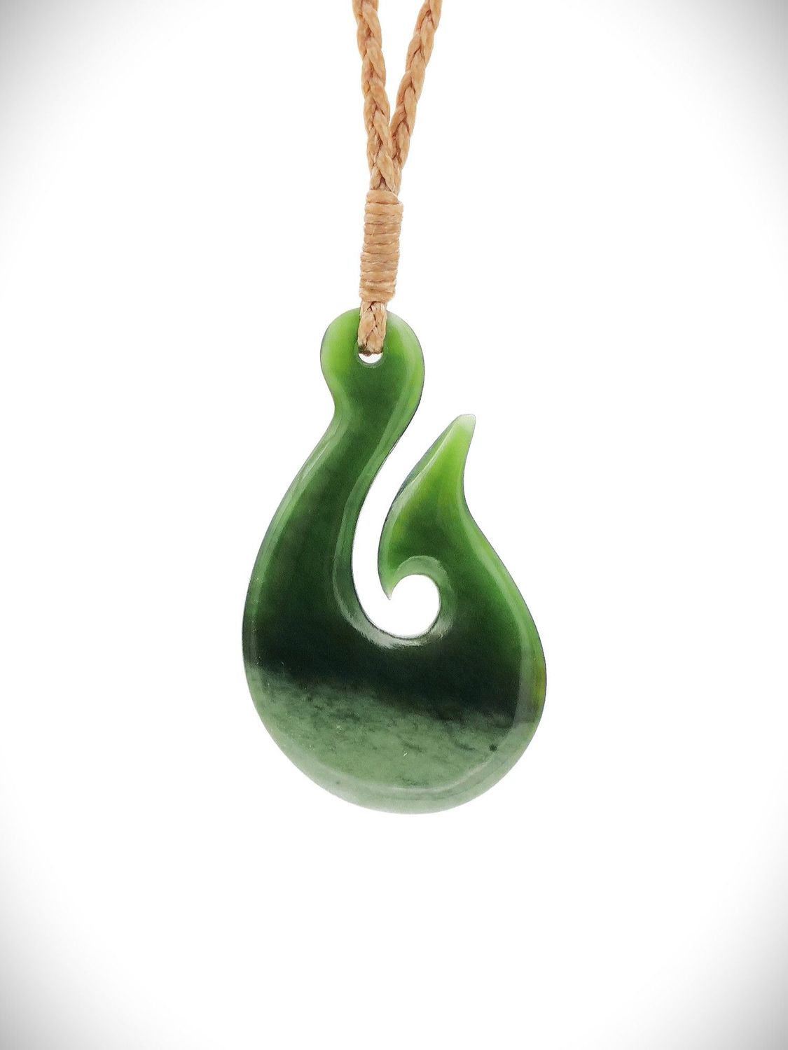 Moko Pounamu Hei Matau (Hook) NZ Genuine Kawakawa Flower Greenstone - Harakeke
