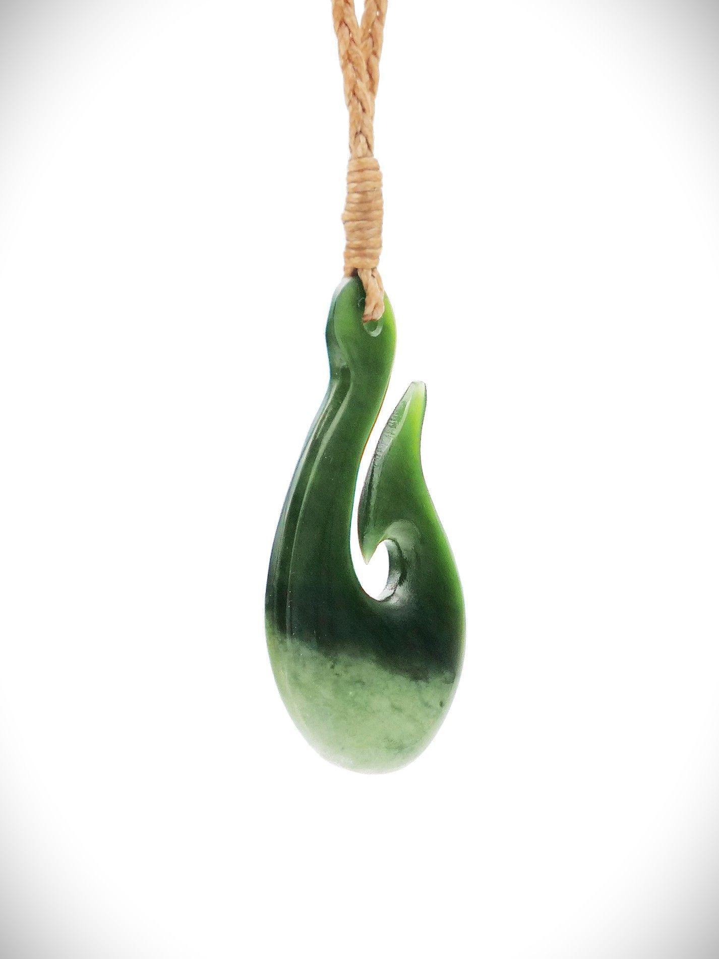 Moko Pounamu Hei Matau (Hook) NZ Genuine Kawakawa Flower Greenstone - Harakeke
