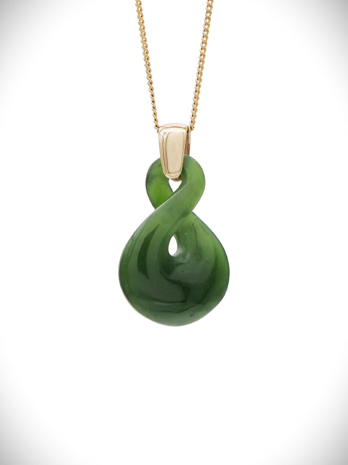 Moko Pounamu Single Pikorua (Twist) Genuine NZ Kahurangi Greenstone & 9ct Gold Pendant - Matarau
