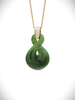Moko Pounamu Single Pikorua (Twist) Genuine NZ Kahurangi Greenstone & 9ct Gold Pendant - Matarau