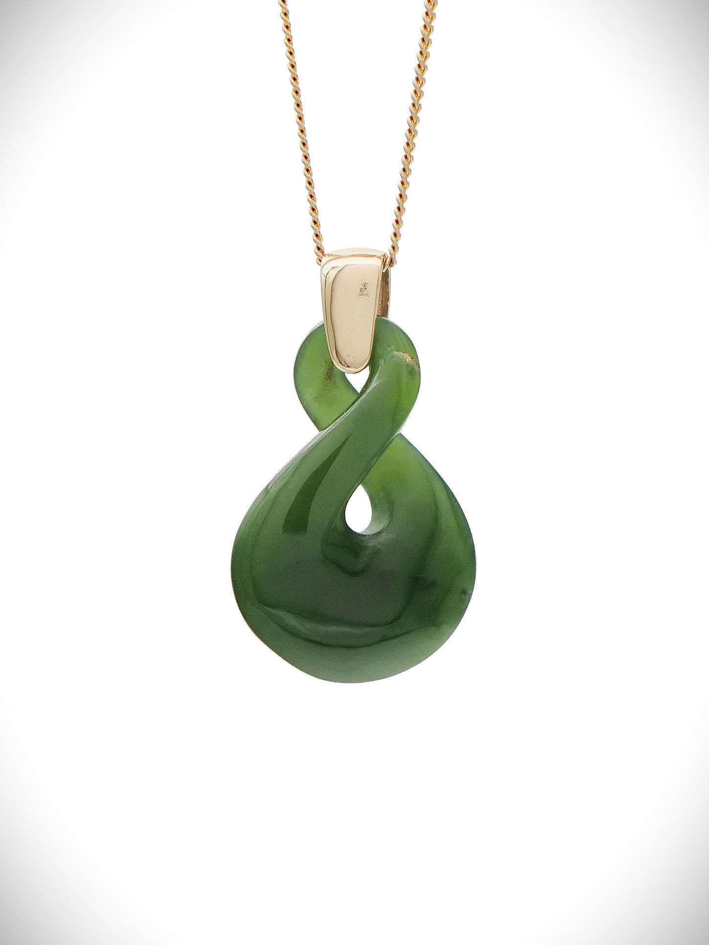 Moko Pounamu Single Pikorua (Twist) Genuine NZ Kahurangi Greenstone & 9ct Gold Pendant - Matarau