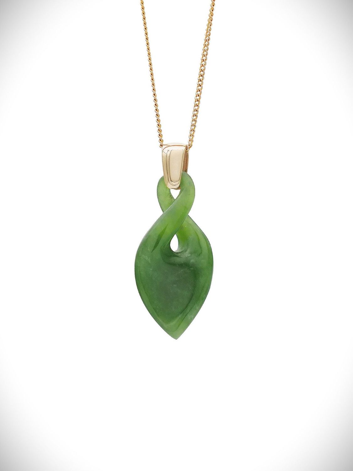 Moko Pounamu Single Pikorua (Twist) Genuine NZ Kahurangi Greenstone & 9ct Gold Pendant - Riponui
