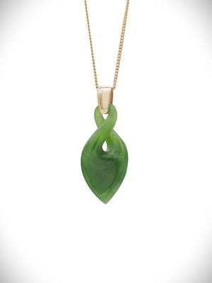 Moko Pounamu Single Pikorua (Twist) Genuine NZ Kahurangi Greenstone & 9ct Gold Pendant - Riponui