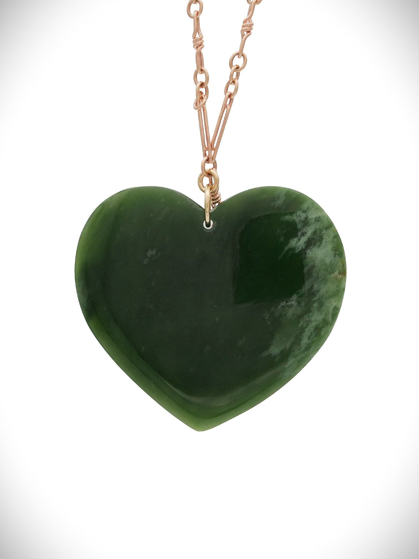 Moko Pounamu Manawa (Heart) NZ Genuine Kahurangi Flower Greenstone, 9ct Rose Gold Pendant - Waitangi
