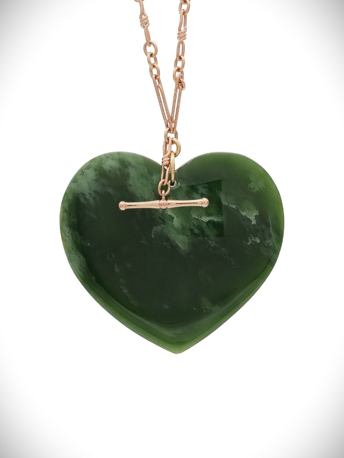 Moko Pounamu Manawa (Heart) NZ Genuine Kahurangi Flower Greenstone, 9ct Rose Gold Pendant - Waitangi