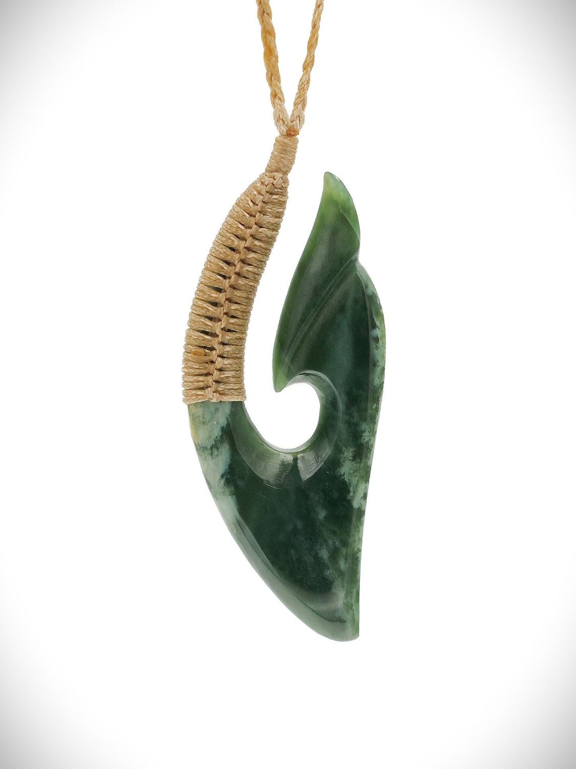 Moko Pounamu Hei Matau (Hook) NZ Genuine Kawakawa Flower Greenstone - Pipiriki