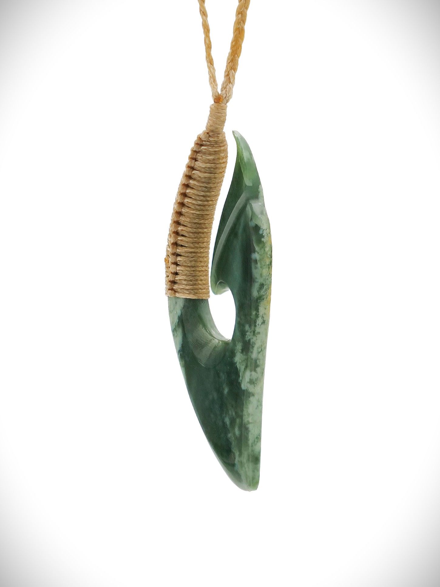 Moko Pounamu Hei Matau (Hook) NZ Genuine Kawakawa Flower Greenstone - Pipiriki