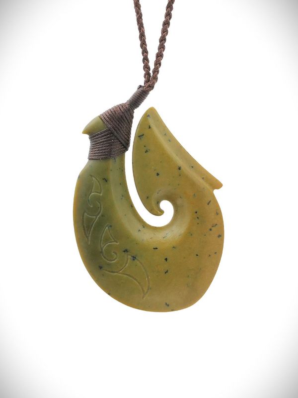 Moko Pounamu Hei Matau (Hook) NZ Genuine Raukaraka Greenstone - Tauwhareparae Moko Pounamu Hei Matau (Hook) NZ Genuine Raukaraka Greenstone - Tauwhareparae